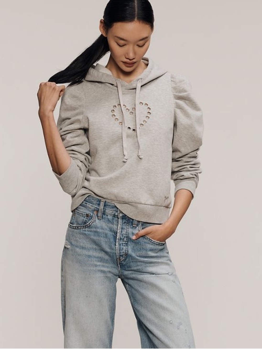 Maeve Puff Sleeve Heart Grommet Sweatshirt